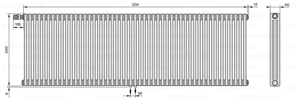 Схема (чертеж) Радиатор Zehnder Charleston 3200/49 №V007 Белый глянцевый RAL 9016